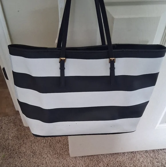 Michael Kors Navy Blue and White Striped Tote with Gold Accents. - Picture 2 of 6